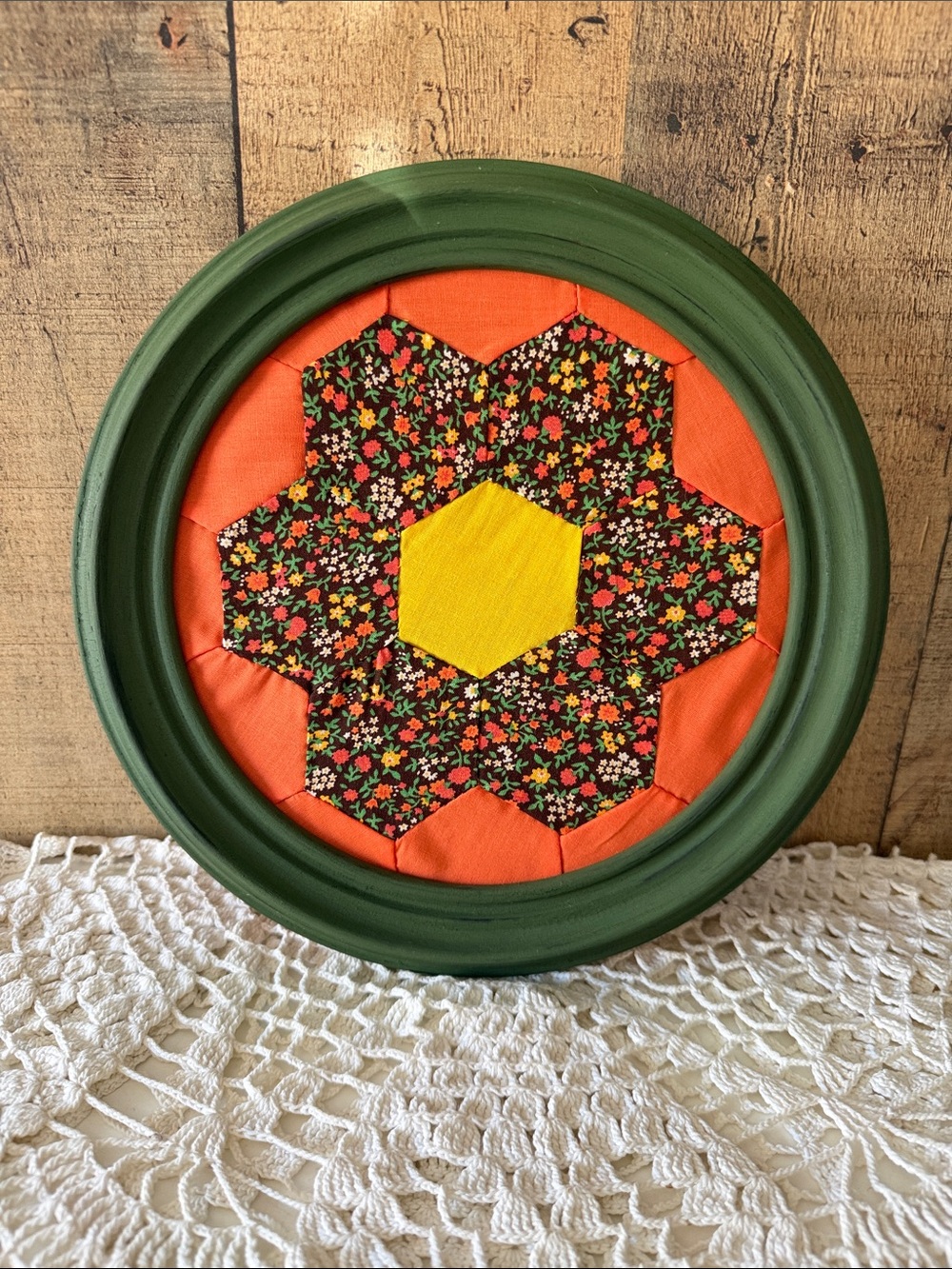 Framed Hand-stitched Grandmother’s Flower Garden Quilt Block Topper No Glass